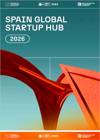 Cartel promocional de “Spain Global Startup Hub 2026” con fondo degradado azul y elementos arquitectónicos abstractos en rojo y naranja. Incluye logotipos institucionales en la parte superior e inferior